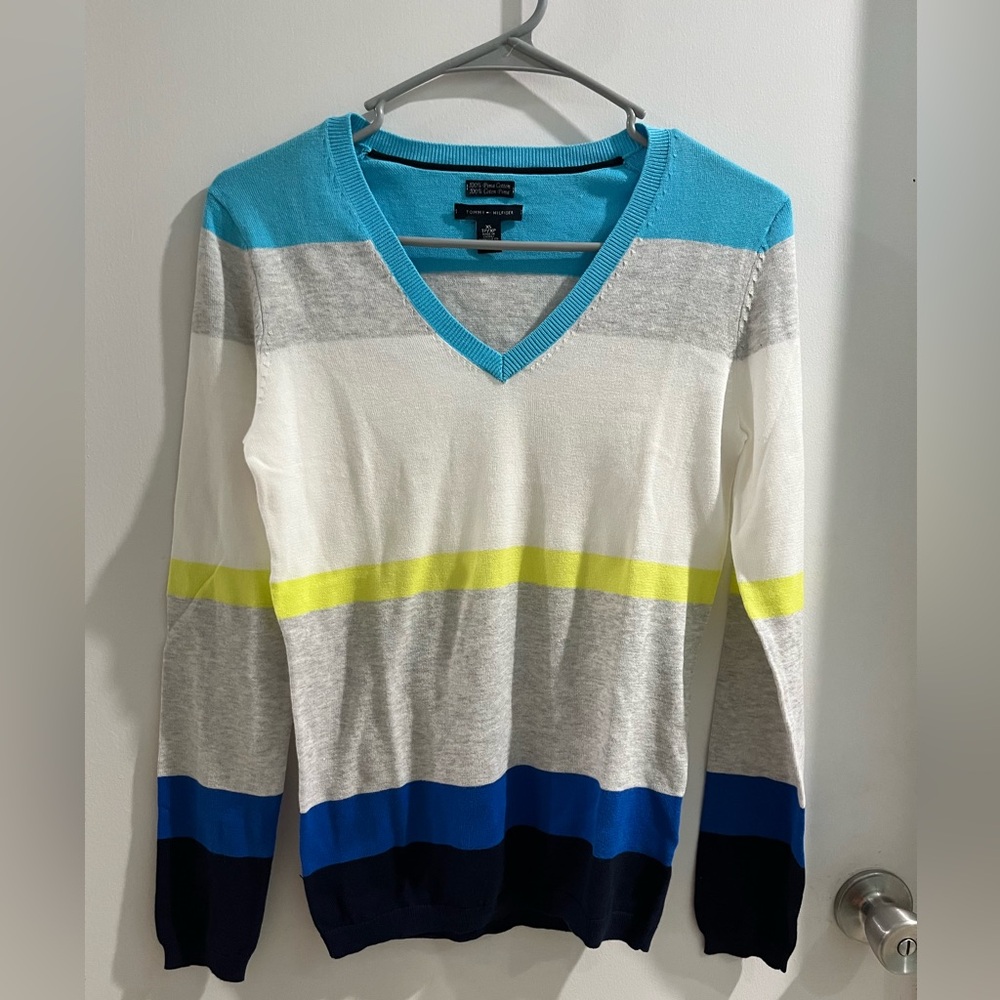 Tommy Hilfiger women's V-neck striped pullover sweater, 100% Pima cotton, XS